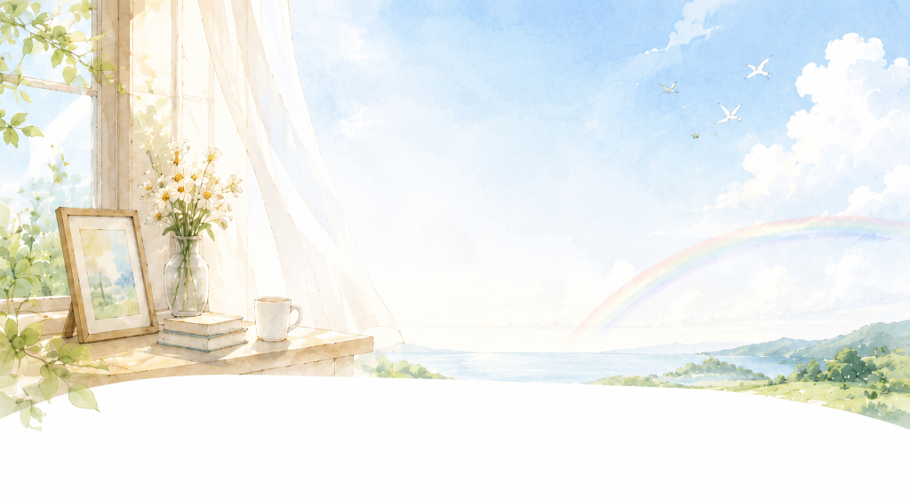 虹と窓辺の水彩画イラスト